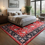 Area Rug 5x7, Washable Faux Wool Throw Rugs for Living Room, 0.3″ Non Slip Low Pile Vintage Boho Carpet for Ding Room, Home Office, Bedroom, Kids Room, Bedside (Black Red)