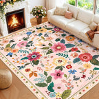 Floral 8x10 Area Rug Machine Washable Soft Print Boho Carpet Non Slip Doormat Low Pile Flower Area Rugs for Living Room Bedroom Nursery Kitchen Dining Room Indoor-Pink