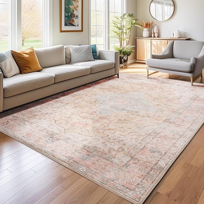 Area Rug – 6x9 Washable Ultra-Soft Vintage Boho Faux Wool Carpet for Living Room, Dining Room, Bedroom, Home Office (Cinnamon)