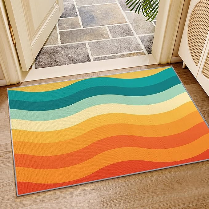 70s Rugs for Bedroom - 8x10 Area Rugs, Retro 70s Living Room Rug, Vintage Abstract Wave Rug for Bedroom, Colorful Groovy Washable Carpet, Retro Swirl Striped Home Decor & Gifts