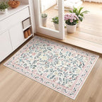 GarveeHome 2x3 Floral Rugs for Entryway, Non-Slip Soft Vintage Throw Door Mat, Low Pile Foldable Farmhouse Carpet, Non-Shedding Indoor Washable Small Rug for Bedroom Kitchen, Pink