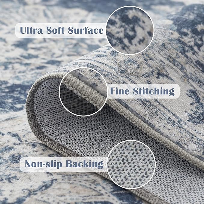 jinchan Fiora Hallway Runner Rug 3x10 Washable Runner - Vintage Floral Non Slip Low-Pile Soft Thin Faux Wool Kitchen Rug Distressed Carpet for Farmhouse Bedroom Laundry Room(3x10ft,Dark Blue)
