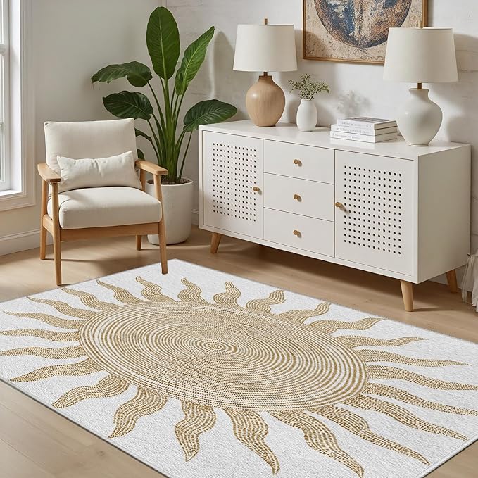 Boho Washable Rugs for Bedroom 6x9, Modern Sun Print Soft Minimalism Area Rug, Non Slip Low Pile Abstract Carpet for Classroom Living Room Decor Dining Room Sofa Kids Nursery Room, Beige Yellow