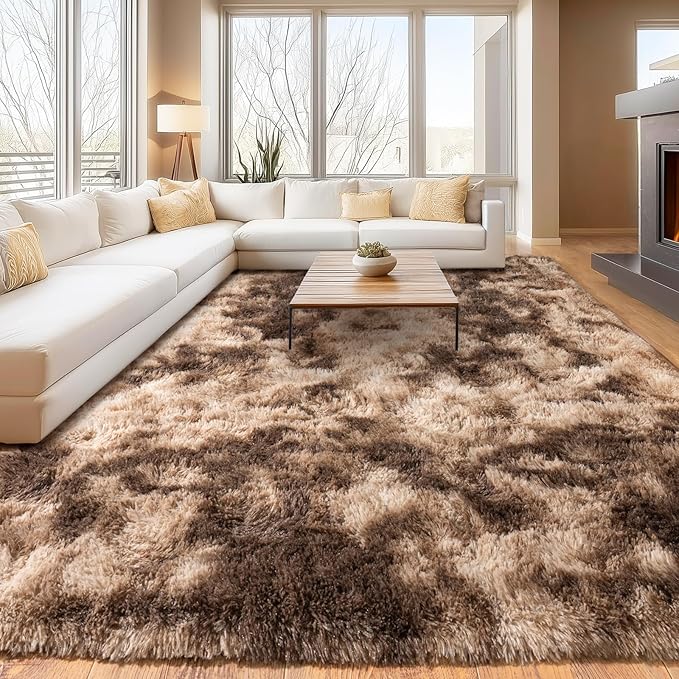 Soft Shaggy Rugs Fluffy Rug, Plush Area Rugs for Living Room Nursery Home Decor, Tie-Dyed Brown Anti-Skid Rectangular Fuzzy Rug 5x7 Feet