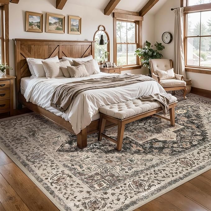 Tangsoo 8x10 Area Rugs for Living Room, 8x10 Washable Rug Vintage Indoor Non Slip Large Area Rugs, Print Distressed Grey Carpet, Soft Low Pile Foldable Floor for Bedroom Dining Room Dorm