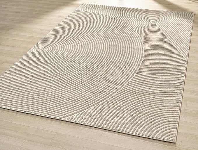Abani Neutral Beige Area Rug 9' x 12' for Living Room, Bedroom - Zen Reiki Circles Pattern - Durable & Easy to Clean