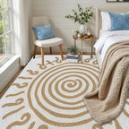 Boho Washable Rugs for Bedroom 6x9, Modern Sun Print Soft Minimalism Area Rug, Non Slip Low Pile Abstract Carpet for Classroom Living Room Decor Dining Room, Beige Yellow