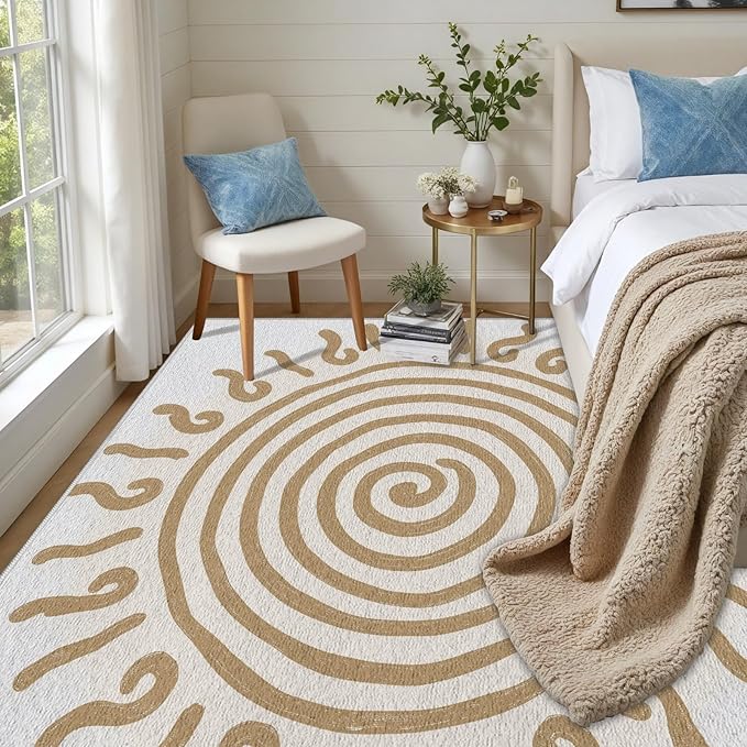 Boho Washable Rugs for Bedroom 2x3, Modern Sun Print Soft Minimalism Area Rug, Non Slip Low Pile Abstract Carpet for Classroom Living Room Decor Dining Room, Beige Yellow