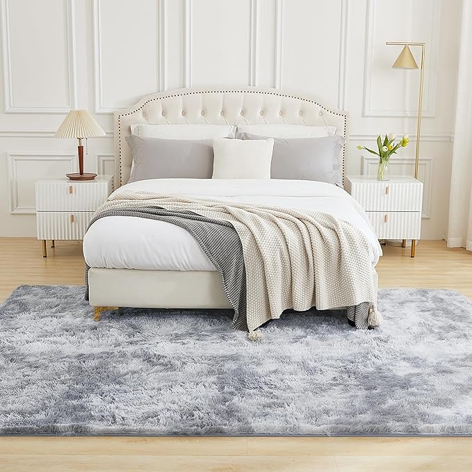 Andency 6x9 Area Rugs, Large Shag Fluffy Soft Shaggy Rugs for Living Room Bedroom, Non-Slip Tie-Dyed Light Grey Thick Plush Carpet for Kids Girls and Boys, Dorm Nursery Home Decor Aesthetic