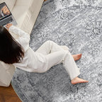jinchan Fiora Round Rug 8ft Area Rug - Grey Vintage Floor Mat Indoor Ultra-Thin Soft Floral Print - Washable Circle 8' Retro Accent for Farmhouse Non Slip Dining Room Living Room Bedroom Office