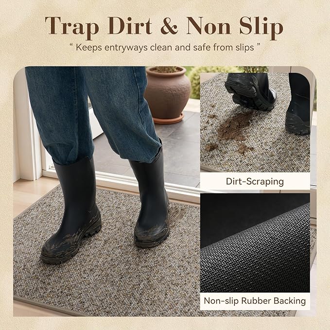 MontVoo Door Mat Indoor Entrance Doormat, Absorbent Durable Rubber Non Slip Front Door Mat for Inside Entry Entryway Dirt Trapper Welcome Mat, Grey Brown 32''x48''