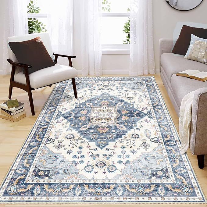 Enkor Area Soft Rugs 4x6 Washable Non Slip Boho Floor Rugs for Living Room Bedroom, Vintage Style Farmhouse Mat for Kitchen Entryway Blue & White