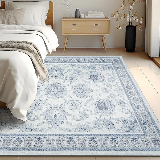 Phantoscope Washable Area Rug 6'x9' Non-Slip, Vintage Neutral Rugs for Living Room, Bedroom, Dining Room, Distressed Boho Floral Medallion Pattern, Low-Pile Foldable Floor Carpet, Blue/White
