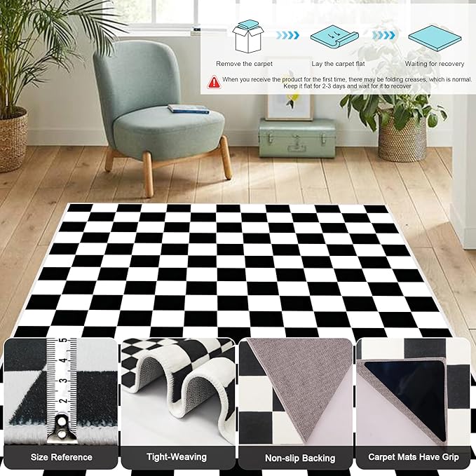 Checkered Rug 4x6 Rugs for Living Room Modern Minimalist Washable Black and White Checkered Non-Slip Large Rug for Office Playroom (Black and White, 4x6ft)