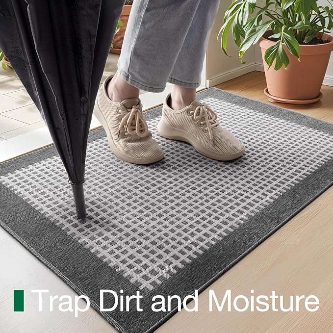 LUMI Inside Door Mat for Entry 17''x30'', Absorbent, Dirt Trapper, Low Profile Thin, Non Slip Mats with Rubber Backing, Ideal for Indoor, High Traffic, Garage, Entrance, Checkered Grey