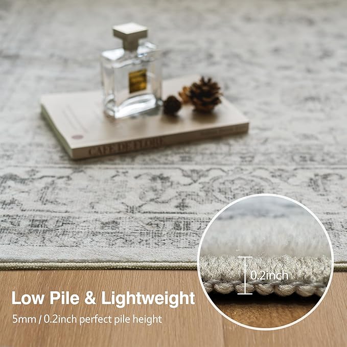 FMFUNCTEX 8x10 Washable Area Rug Grey Vintage Neutral Distressed Large Non Slip Carpet for Living Room Bedroom Soft Low Pile Indoor Mat Retro Floral Throw Rug for Dining Room Kitchen Office Nursery