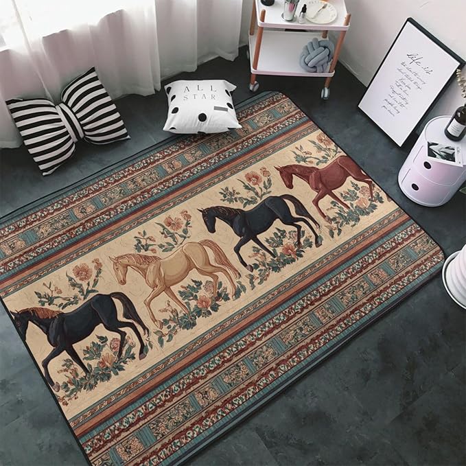 Horse Western Boho Ethnic Style Area Rug Washable Outdoor Rugs Anti-Slip Soft Carpet Entryway Indoor Door Mat for Bedroom,Living Room,Porch,Terrace and Entrance Decor 2'x 1.4'