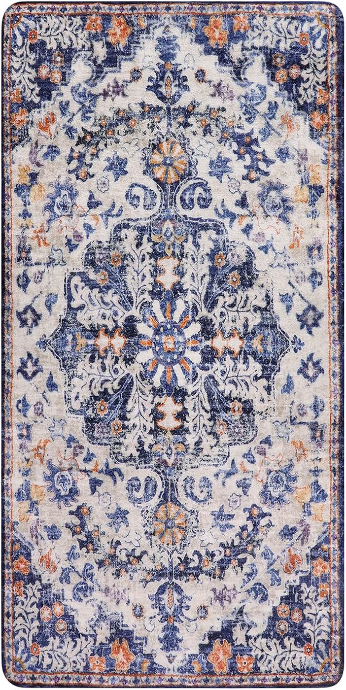 Lahome Bohemian Floral Medallion Runner Rug - 2x4 Blue Soft Bathroom Rug Runner Entry Way Mat, Washable Non Skid Laundry Room Carpet Runners for Living Room Dining Room Kitchen Entrance
