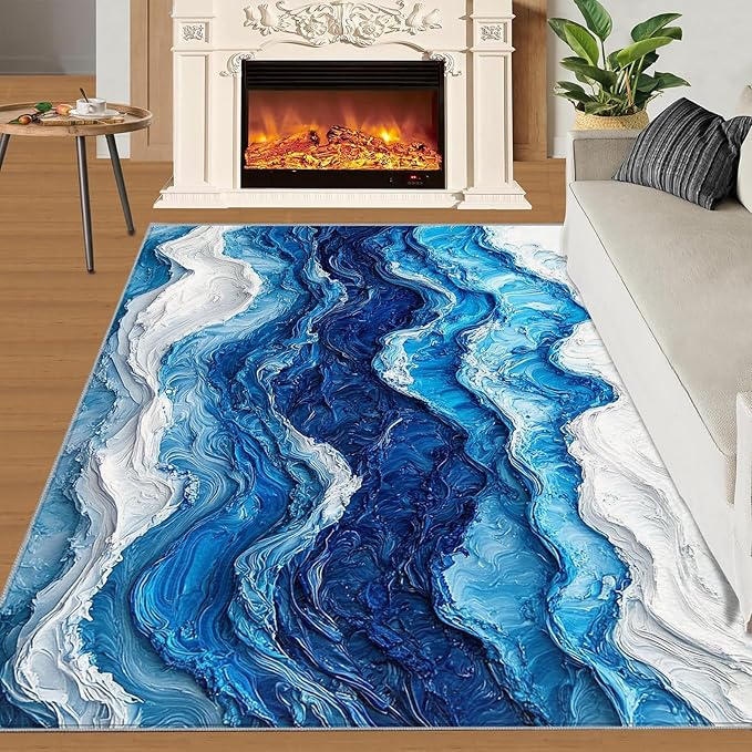 4x6 Ocean Waves Cafe Rug - Abstract Waves Rugs for Bedroom Aesthetic, Abstract Art Soft Comfortable Non-Slip for Offie Bedroom Study Boy Girl Room Hotel Dorm