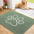 OLANLY Dog Door Mat for Muddy Paws 40x32, Paw Print Design, Absorbs Moisture and Dirt, Non-Slip Washable Doormat, Quick Dry Chenille Mud Mat, Entry Indoor Entryway Carpet, Olive Green and White