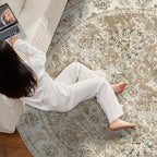 jinchan Fiora Round Rug 8ft Area Rug - Taupe Vintage Floor Mat Indoor Ultra-Thin Soft Floral Print - Washable Circle 8' Retro Accent for Farmhouse Non Slip Dining Room Living Room Bedroom Office