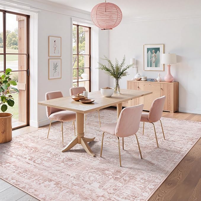 Lahome Pink Area Rugs 8x10,Washable Boho Living Room Rugs,Floral Large Area Rugs Non-Slip Soft Bedroom Rug 8x10 Under Bed Baby Girl Nursery Rug for Dining Room Table Office (Pink,8'X10')