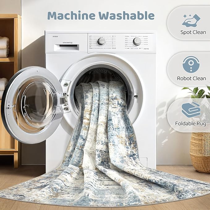 5x8 Area Rug Washable Rugs: Large Abstract Modern Soft Stain Resistant Indoor Floor Non-Slip Accent Carpet for Living Room Bedroom Nursery Playroom Dining Room Office Dorm Home House- Light Blue