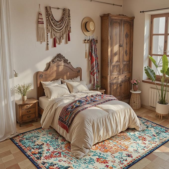 Lahome Bohemian Floral Medallion Area Rug - 5x7 Oriental Distressed Large Bedroom Rug, Soft Non-Slip Washable Dining Room Mat Indoor Throw Nursery Floor Carpet for Guest Room Entryway