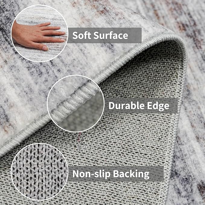 3x12 Washable Hallway Runner Rug: Extra Long Runners for Entryway Living Room Dining Room - Stain and Water Resistant Rugs with Non-Slip Backing - Soft Low-Pile Carpet 12ft Beige Grey