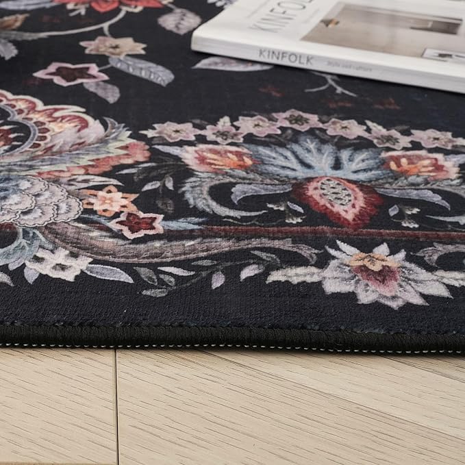 Rugcomf Vintage Paisley Kitchen Runner Rug 2'x6' - Machine Washable, Non-Slip Low Pile Floral Carpet for Laundry, Bedroom, Bathroom - Black