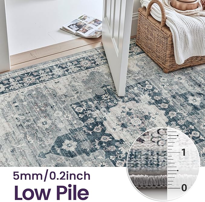 DEXI 8x10 Area Rug for Living Room, Washable Vintage Farmhouse Thin Rug Indoor Floor, Non Slip Stain Resistant Low Pile Carpet for Dining Room Bedroom Office, Blue Grey