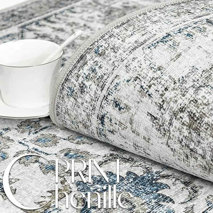 jinchan Kalen Runner Rug 2x7 Washable Hallway Rug Vintage Runner Indoor Floor Cover Thin Retro Distressed Floral Country Non Slip Carpet for Entryway Bathroom Kitchen Bedroom Living Room Stairway Blue