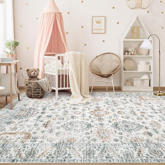 Area Rug 5x7 Living Room Rug, Machine Washable Vintage Distressed Boho Area Rug Non-Slip Soft Low Pile Large Indoor Rugs for Bedroom Kitchen Dining Room Office(Brown Green,5'x7')