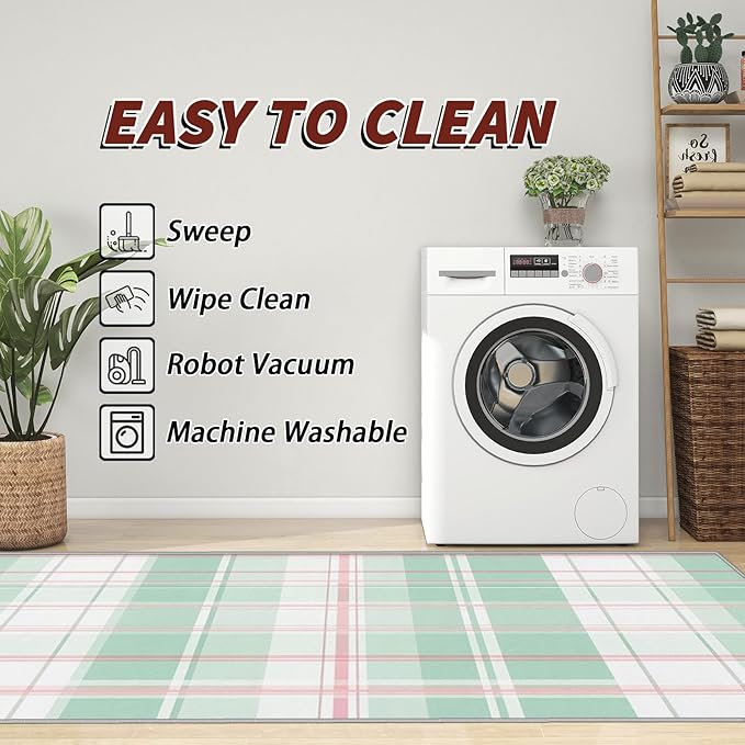 6x9 Rug Washable - Plaid Rug for Bedroom, Mint Green Tartan Gingham Non Slip Low Pile Area Rugs for Living Room, Plaid Carpets Home Decor & Gifts