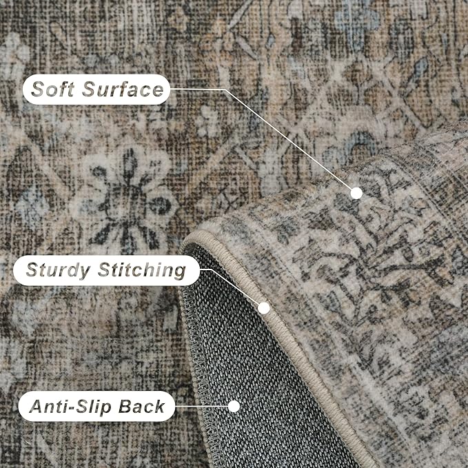 9x12 Washable Area Rug Grey Brown Vintage Rug for Living Room Bedroom Low Pile Soft Non-Slip Boho Rug for Under Table Boho Distressed Retro Carpet for Bedroom Kitchen Office Dining