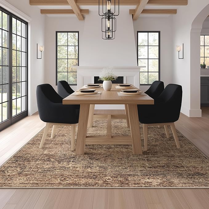 Fmfunctex 6x9 Washable Area Rug Rust Brown Vintage Neutral Distressed Oriental Large Non Slip Carpet for Living Room Bedroom Soft Low Pile Indoor Retro Throw Rug for Dining Room Kitchen Office Nursery