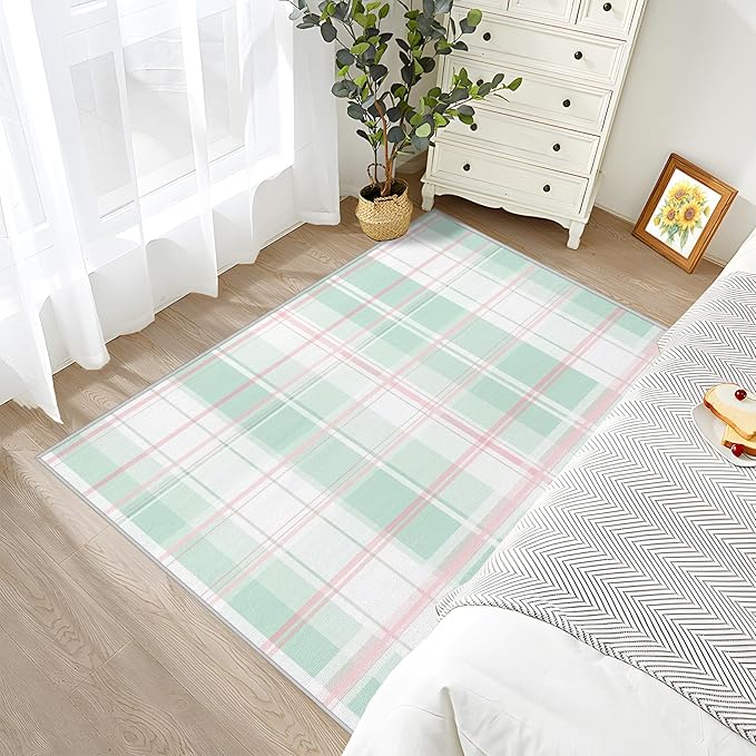 6x9 Rug Washable - Plaid Rug for Bedroom, Mint Green Tartan Gingham Non Slip Low Pile Area Rugs for Living Room, Plaid Carpets Home Decor & Gifts