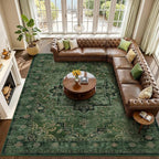 Green Large Area Rugs 10x12, Living Room Bedroom Carpet Extra Large Size Washable Non Slip, Vintage Distressed Medallio Low Pile Thin Rug for Big Dining Room