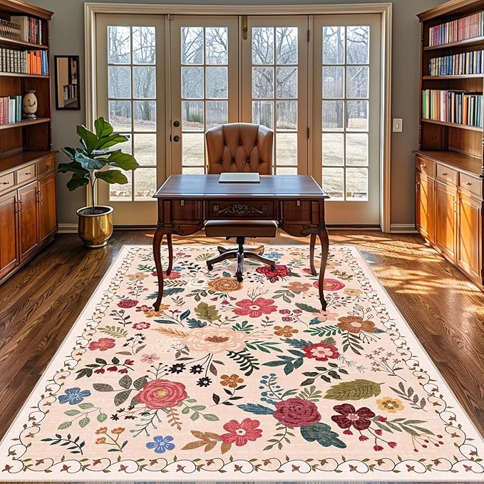 5x7 Area Rugs for Living Room Clearance Washable Boho Area Rug, Vintage Floral Non Slip Low Pile Large Rug for Living Room, Bedroom, Dining Room, Farmhouse (5 x 7 Beige Red)