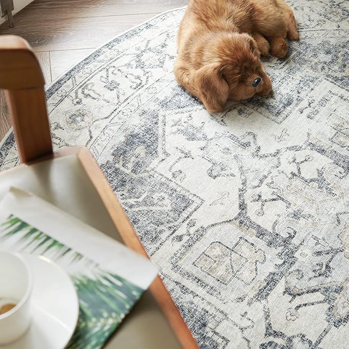 jinchan Kelda Round Rug 4ft Washable Area Rug Indoor Vintage Floor Cover Distressed Circle Mat 4' Round Lightweight Non Slip Low Pile Thin Carpet for Entryway Kitchen Living Room Bedroom Grey