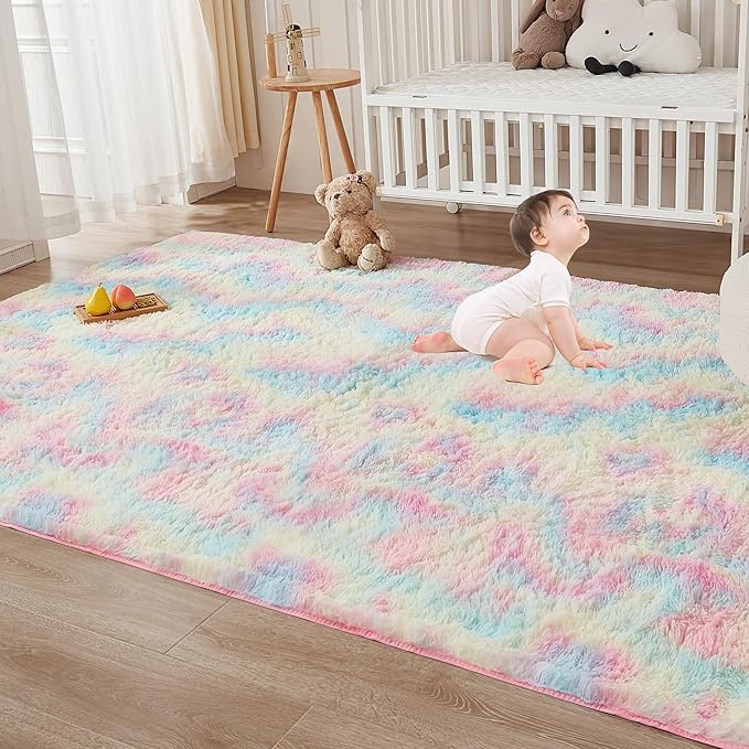Andency Soft Area Rugs for Living Room Bedroom, 4x6 Fluffy Shaggy Bedside Rug, Non-Slip Large Shag Fuzzy Plush Carpets for Bedroom Kids Dorm Nursery Home Decor Aesthetic, Tie-Dyed Brown