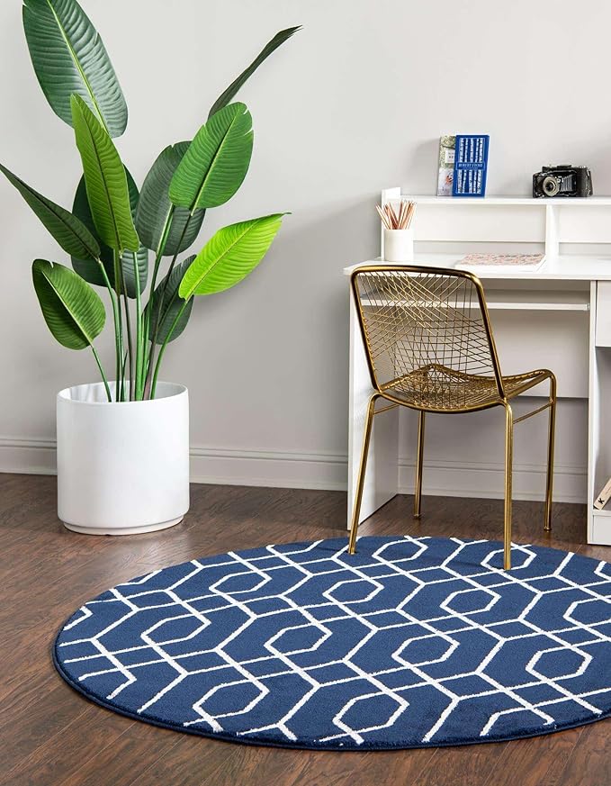 Unique Loom Marilyn Monroe Glam Collection Area Rug - Trellis (3' 3" Round, Navy Blue Silver/ Silver)