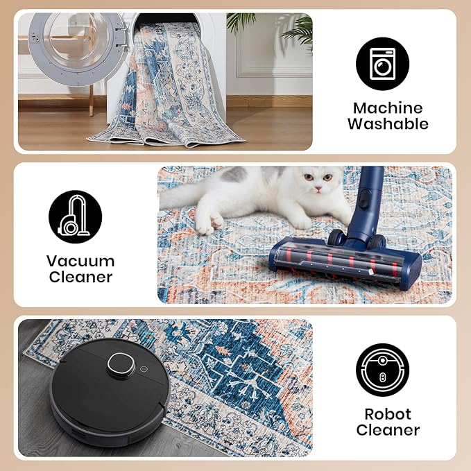 4x6 Washable Rug – Boho Non-Slip Indoor Area Rug for Living Room, Bedroom, Dining Room, Entryway –Navy and Orange Classic Medallion