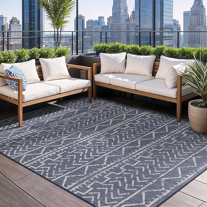 Beverly Rug Waikiki Indoor Outdoor Rug 5x7, Washable Outside Carpet for Patio, Deck, Porch, Trellis Area Rug, Water Resistant, Blue - White