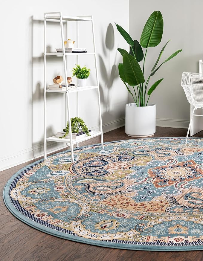 Unique Loom Narenj Collection Classic Traditional Medallion Textured Design Area Rug, 5' 0" x 5' 0", Blue/Tan