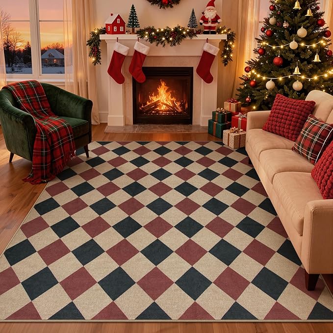 Lahome Checkered Rugs for Living Room, 8x10 Indoor Outdoor Rug Dining Room Office Carpet, Checkerboard Black and Red Washable Non Slip Floor Carpet for Patio Classroom Backyard