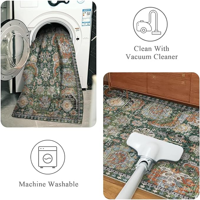 RUGSURE Washable Area Rugs - Perfect for Living Room, Bedroom, Kids Room, Nursery - Stain & Water Resistant Non-Slip, Pet & Child Friendly, Vintage Tribal Area Rugs (Green, 6' x 9')