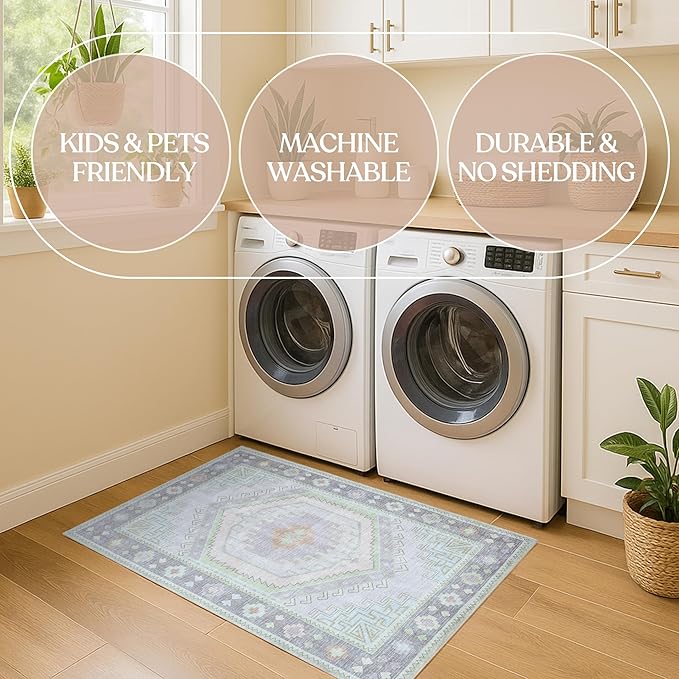 Fame Living Washable Area Rug. Modern Farmhouse. Vintage. Turkish. Bohemian. Distressed. Oriental. Traditional. Rugs for Living Room. Dining. Bedroom. Office. Entryway. Foyer. (856GrnCrm, 2'5" x 4'9")