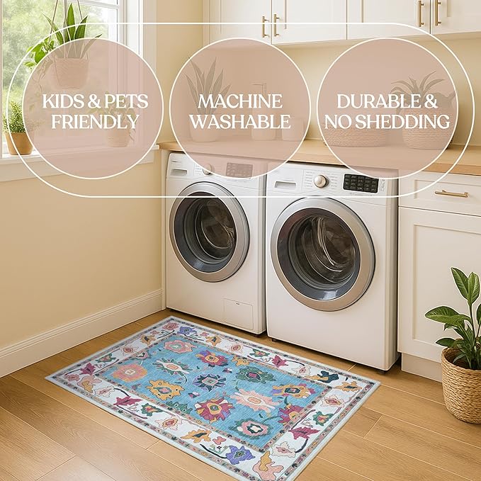 Fame Living Colorful Oushak Rug, Modern, Vintage, Turkish, Eclectic, Floral, Pastel, Washable, Area Rugs for Living Room, Dining, Bedroom, Office, Entryway, Foyer, Playroom, Nursery, 5'x6'9"