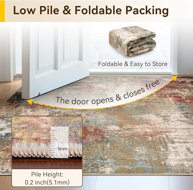 Washable Area Rugs 4'x6' Non-Slip Modern Abstract Soft for Living Room Entryway Bedroom Nursery, Print Pattern, Brown Rust Red Multi